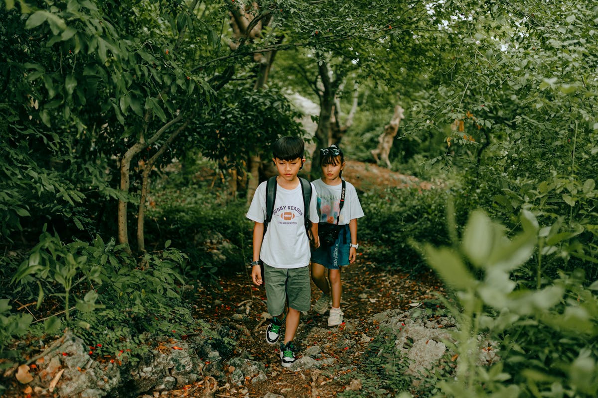 Two children walking along a leafy forest trail with backpacks