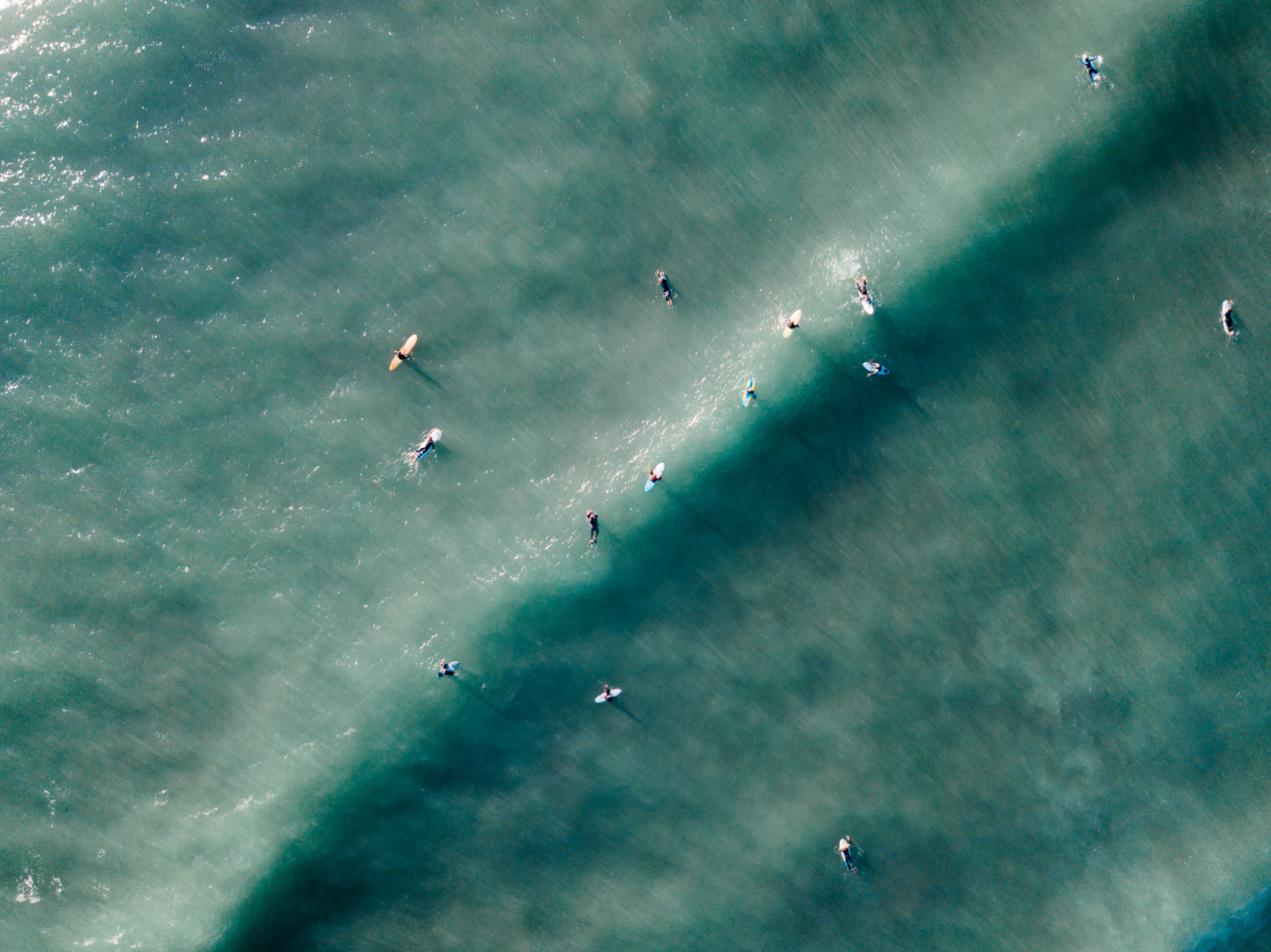 Aerial view of surfers waiting for waves in the Atlantic ocean